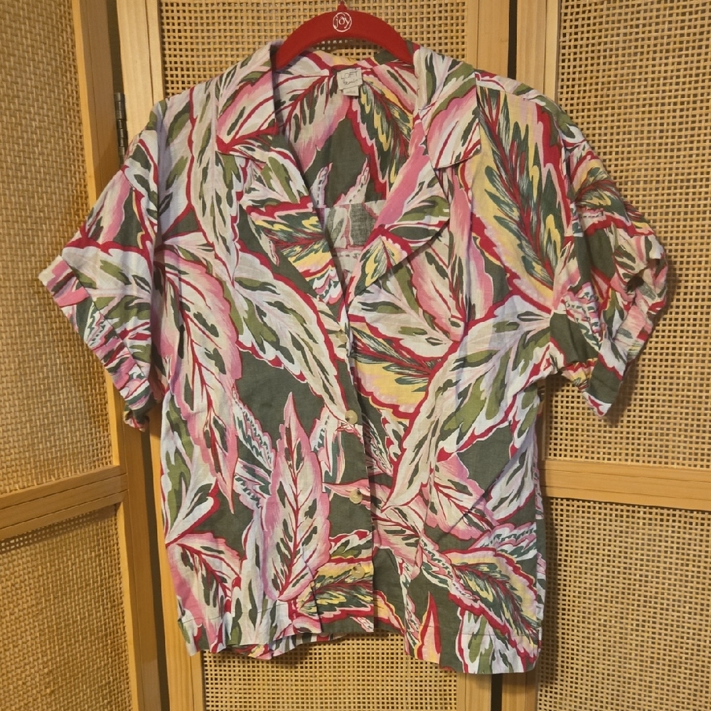 LOFT Beach Multicolor Leaf Print Top Blouse Large Linen Boho Beach